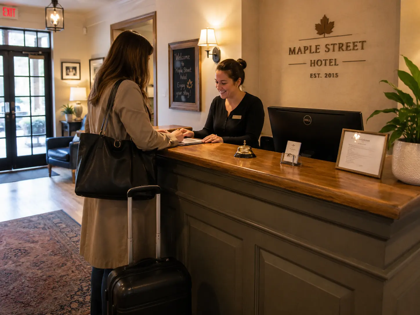 Recepción de un hotel pequeño con un huésped haciendo el check-in