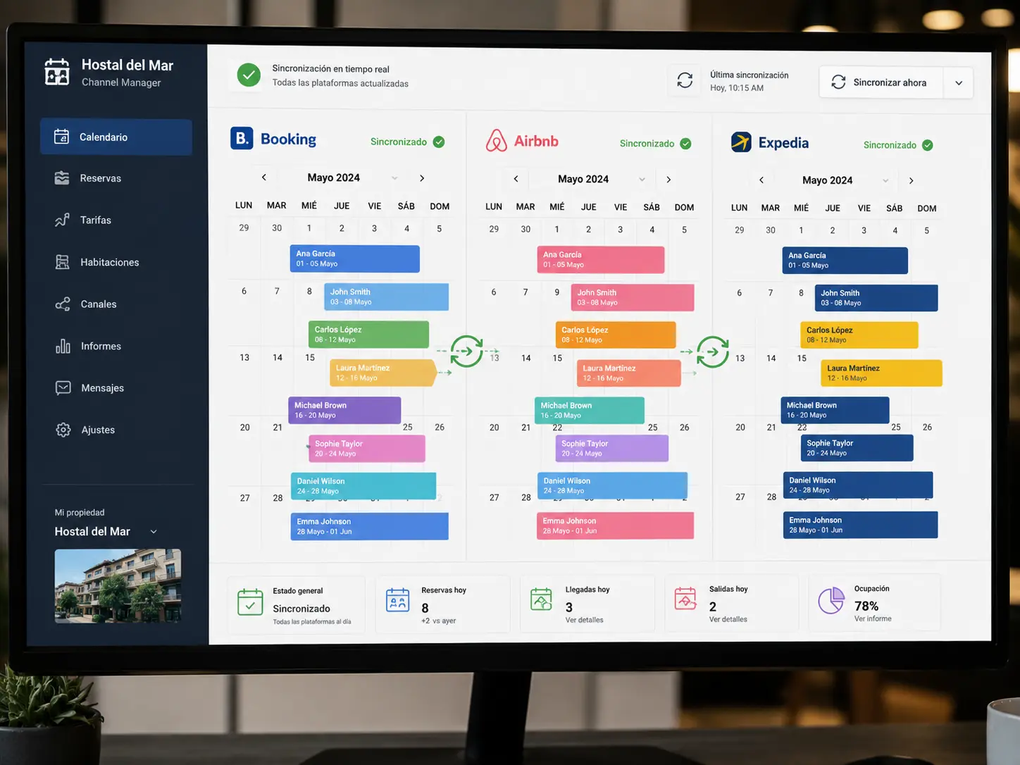 Pantalla mostrando calendarios de Booking, Airbnb y Expedia sincronizados