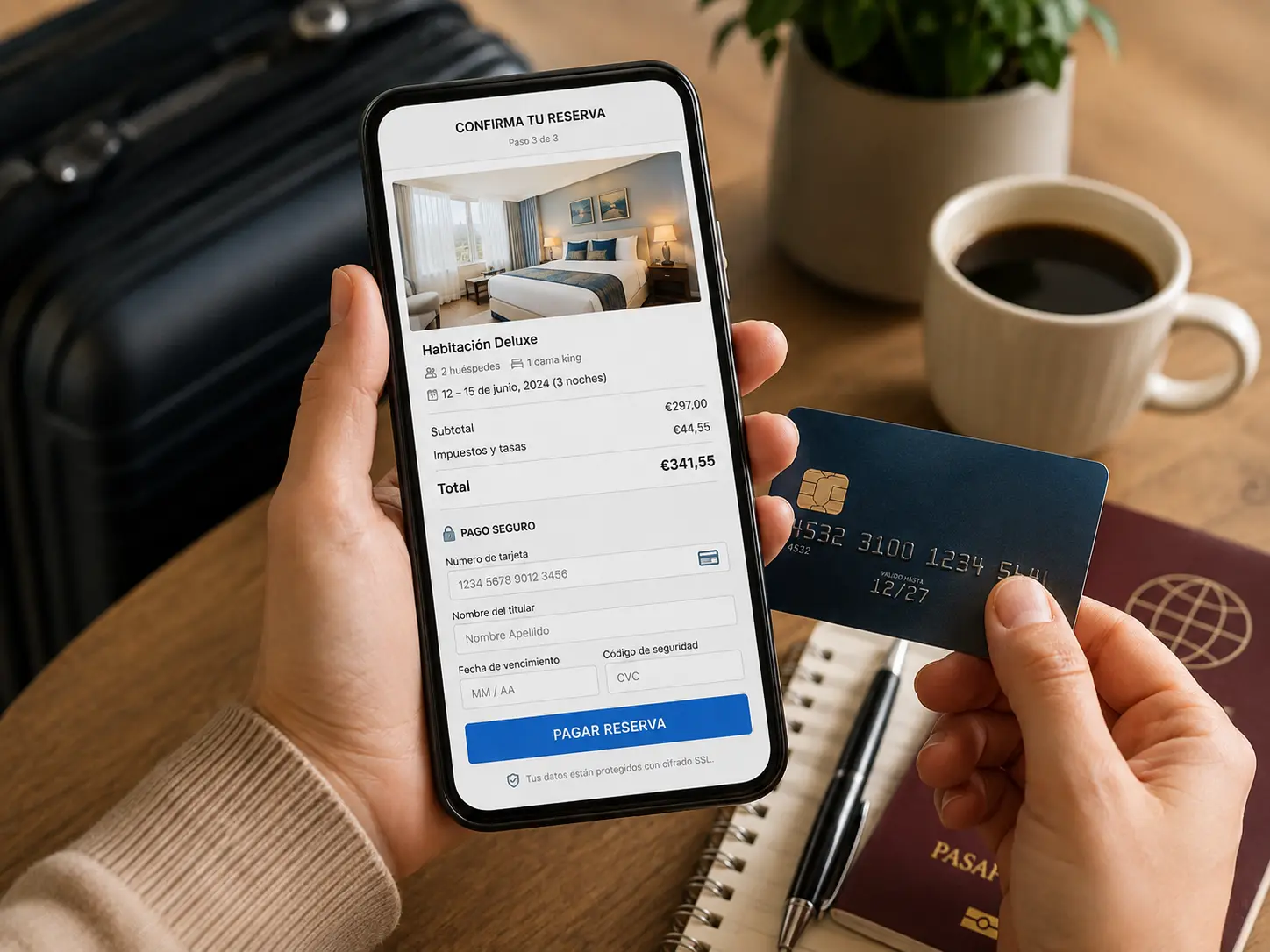 Huésped pagando una reserva de hotel en línea con su tarjeta desde el celular