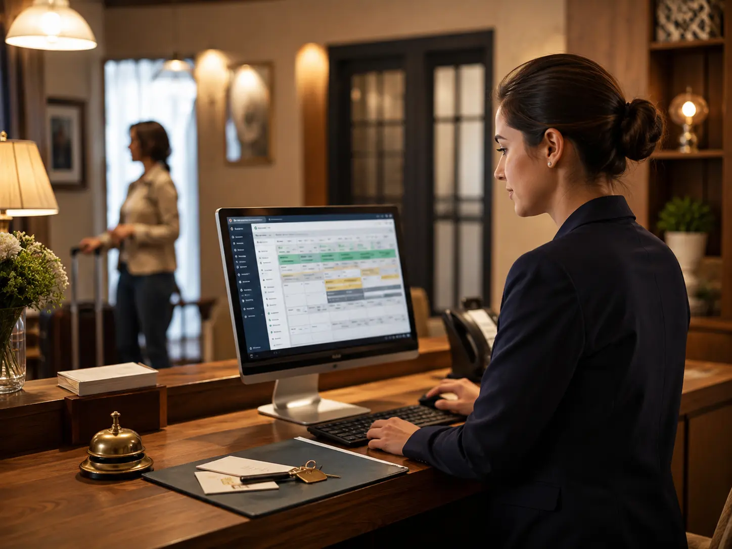 Recepcionista de un hotel pequeño gestionando reservas en una pantalla