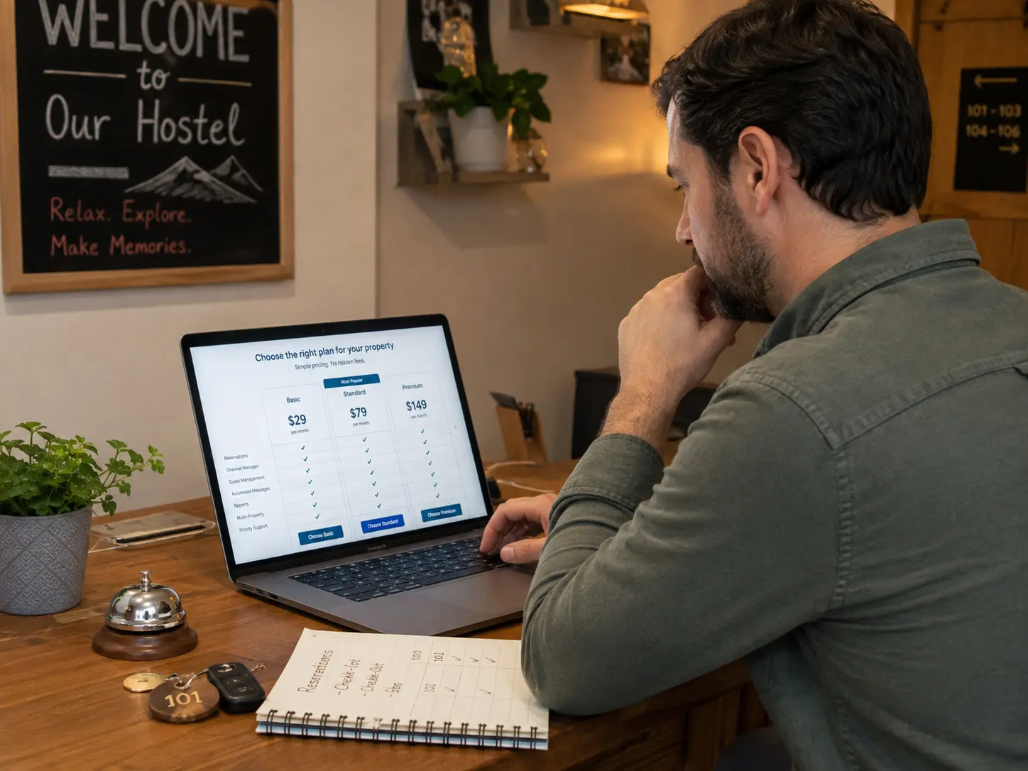 Dueño de hostal revisando costos de software en una laptop