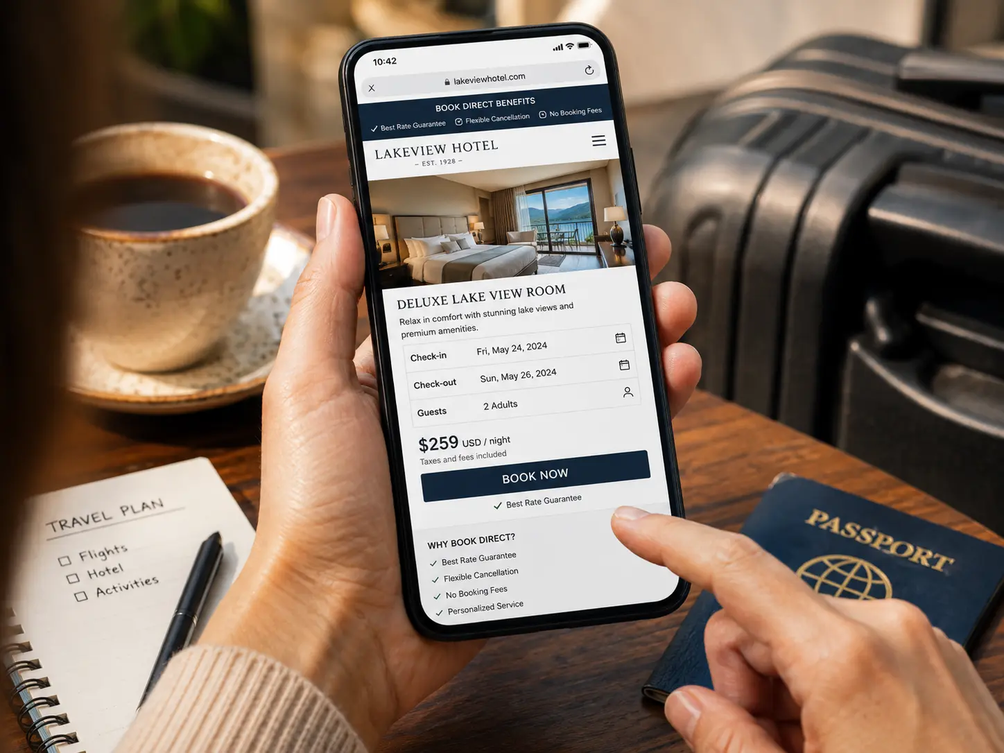 Huésped reservando directamente en la web de un hotel desde su celular