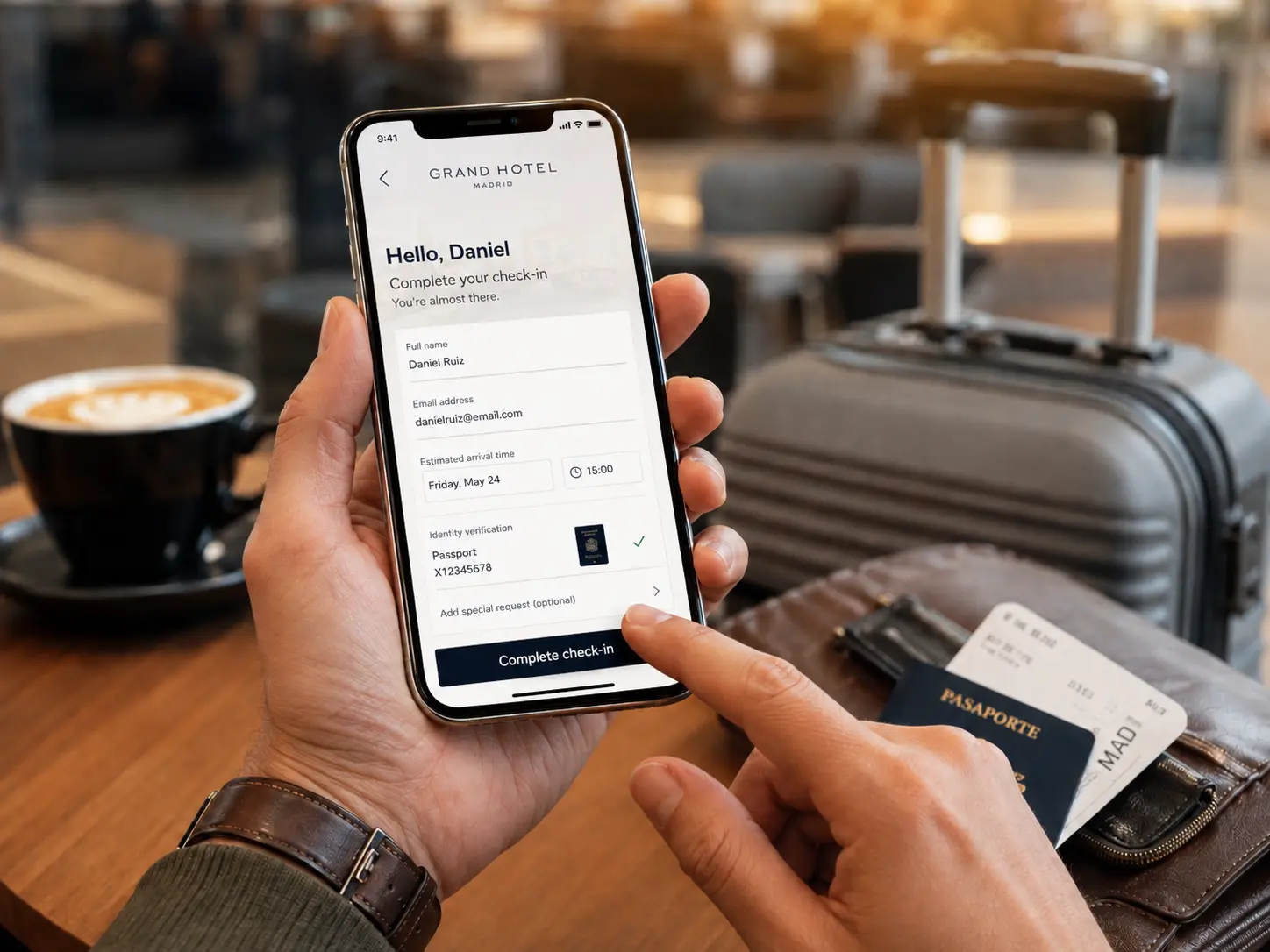 Huésped completando su check-in desde el celular antes de llegar al hotel