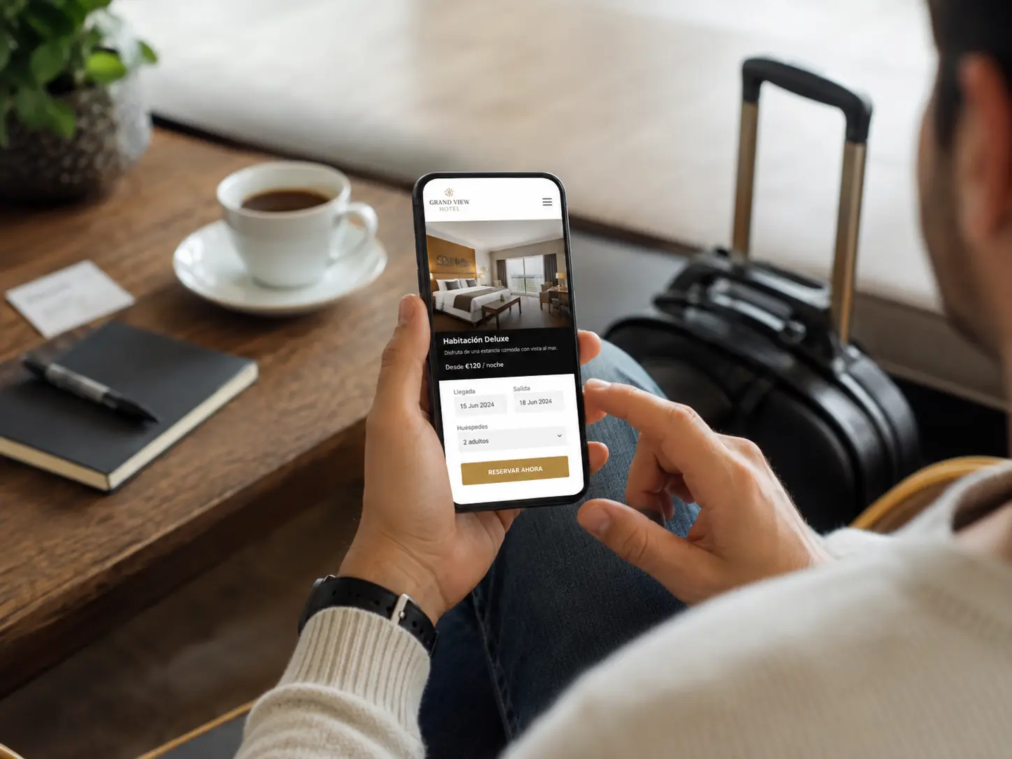 Huésped reservando una habitación desde su teléfono en la web del hotel