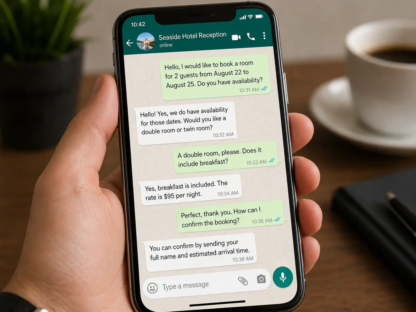 Pantalla de WhatsApp con una consulta de reserva de un huésped a un hotel